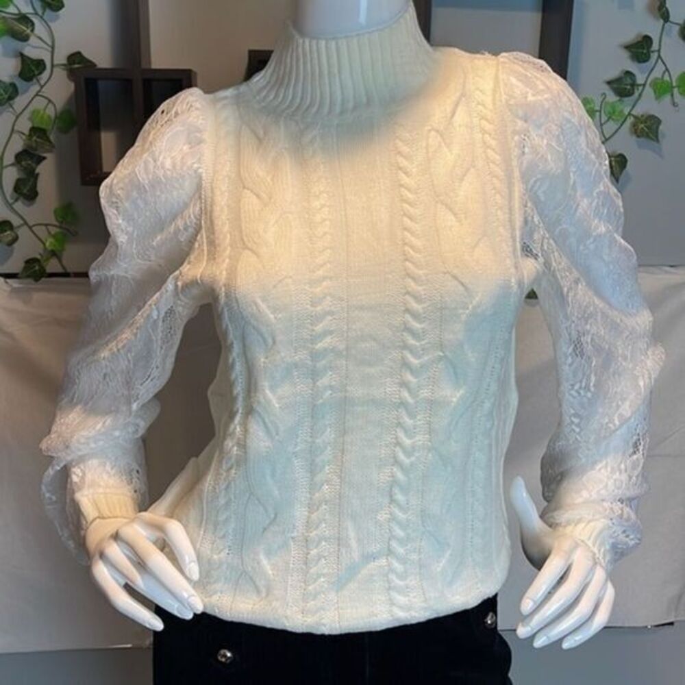 Zaful Mock Neck Cable Knit Lace Mesh Sleeve Ivory Sweater Size 4 - Picture 4 of 16